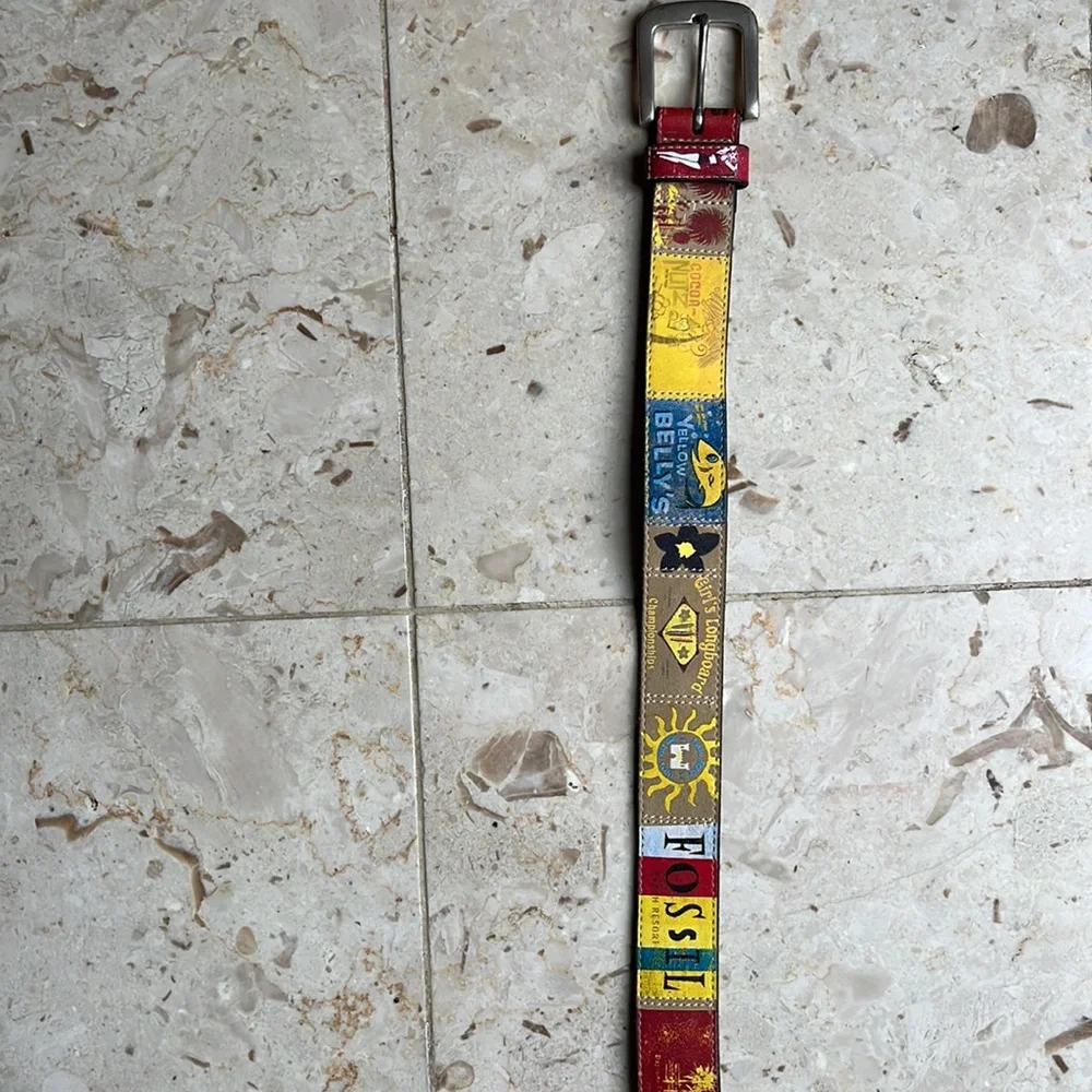 Fossil Multicolor Striped Logo Leather Belt - Red, Yellow, Blue, White